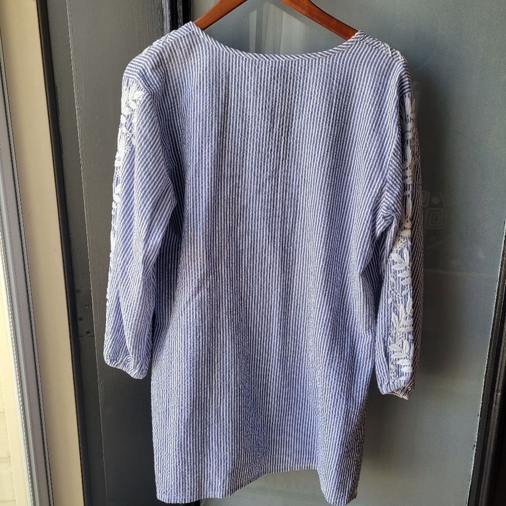 MADISON MATHEWS Blue White Striped Embroidered Tunic L Cotton 3/4 Sleeves NEW - Picture 3 of 12